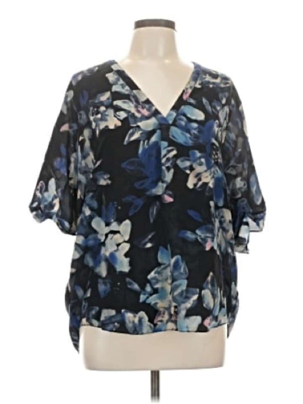 Rebecca Taylor Navy Floral V-Neck Blouse with Blue Accents